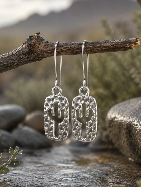 Hand Crafted Jewelry - Hammered Silver Cactus Earrings Southwest Desert Jewelry Handcrafted